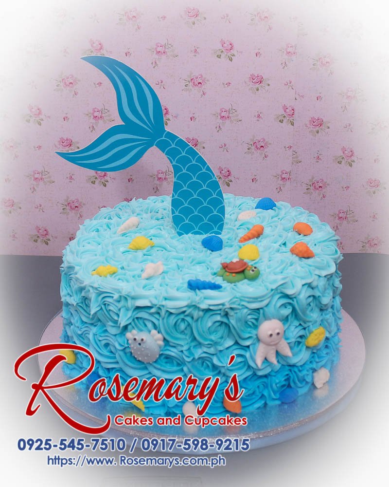 Delicious 1 layer blue mermaid icing cake from Rosemary's Cakes, perfect for under the sea themed celebrations. Call 0925-545-7510.