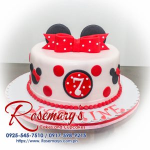 Delicious 1-layer Minnie Mouse themed cake with red and black accents. Perfect for birthdays! Order from Rosemary's Cakes: 0925-545-7510.