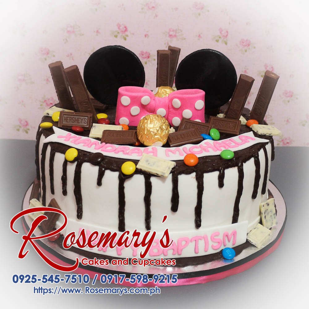 1 Layer Minnie Mouse Themed Drip Cake for Xiandrah’s Baptism Delicious 1 layer Minnie Mouse themed drip cake, perfect for baptism celebrations. Order from Rosemary's Cakes: 0917-598-9215.