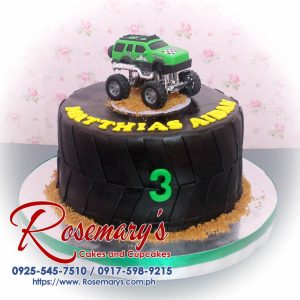 Delicious 1 layer monster truck themed cake by Rosemary's Cakes, perfect for any celebration. Contact 0917-598-9215.