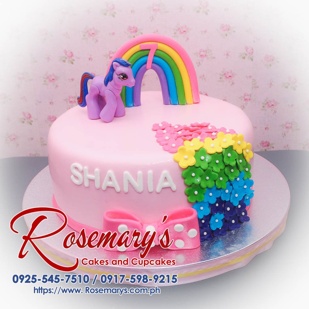 1 Layer My Little Pony Cake for Shania Delicious pink My Little Pony-themed 1 layer cake adorned with a vibrant rainbow. Order from Rosemary's Cakes: 0917-598-9215.