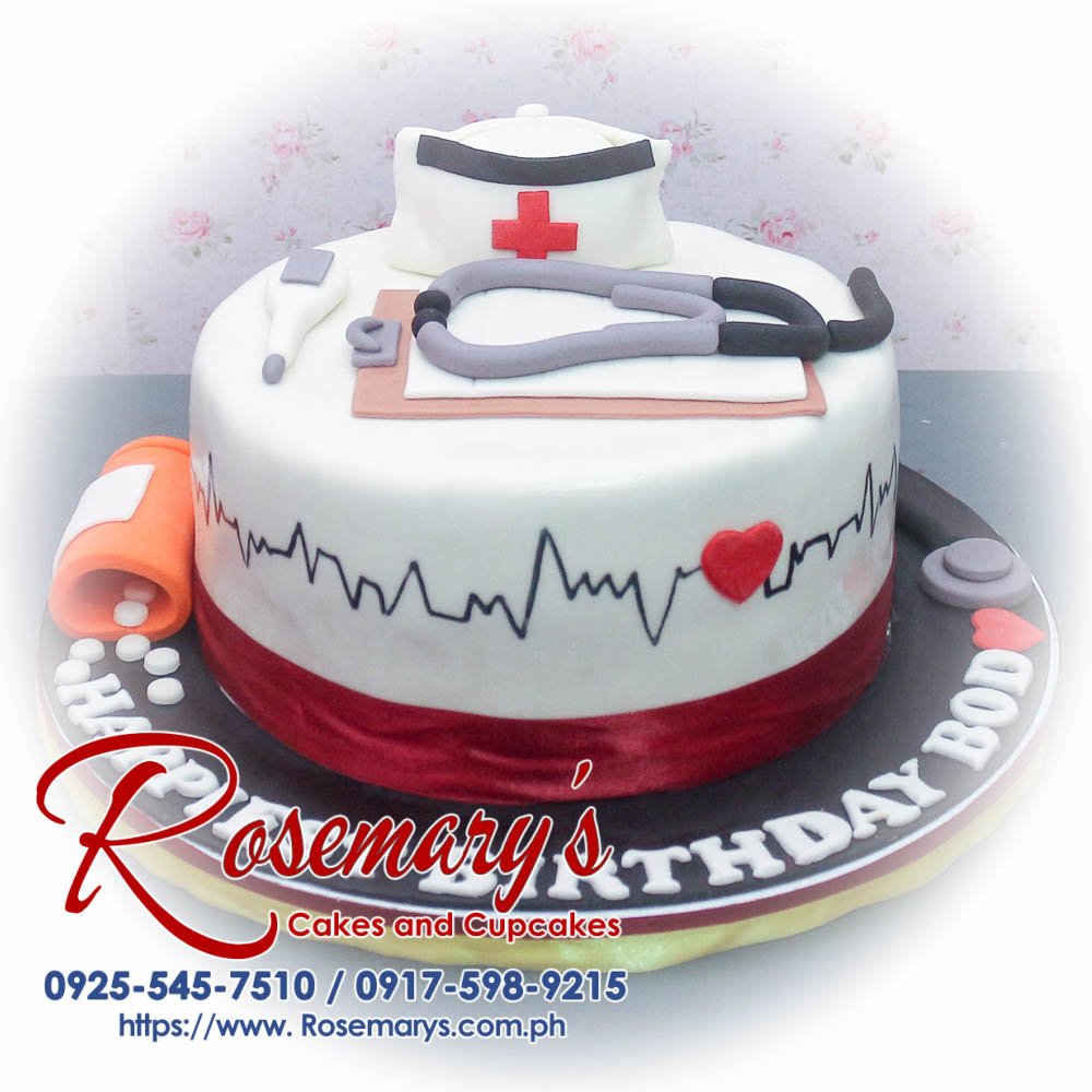1 layer nurse themed cake decorated with medical motifs, perfect for celebrations. Order from Rosemary's Cakes: 0917-598-9215.