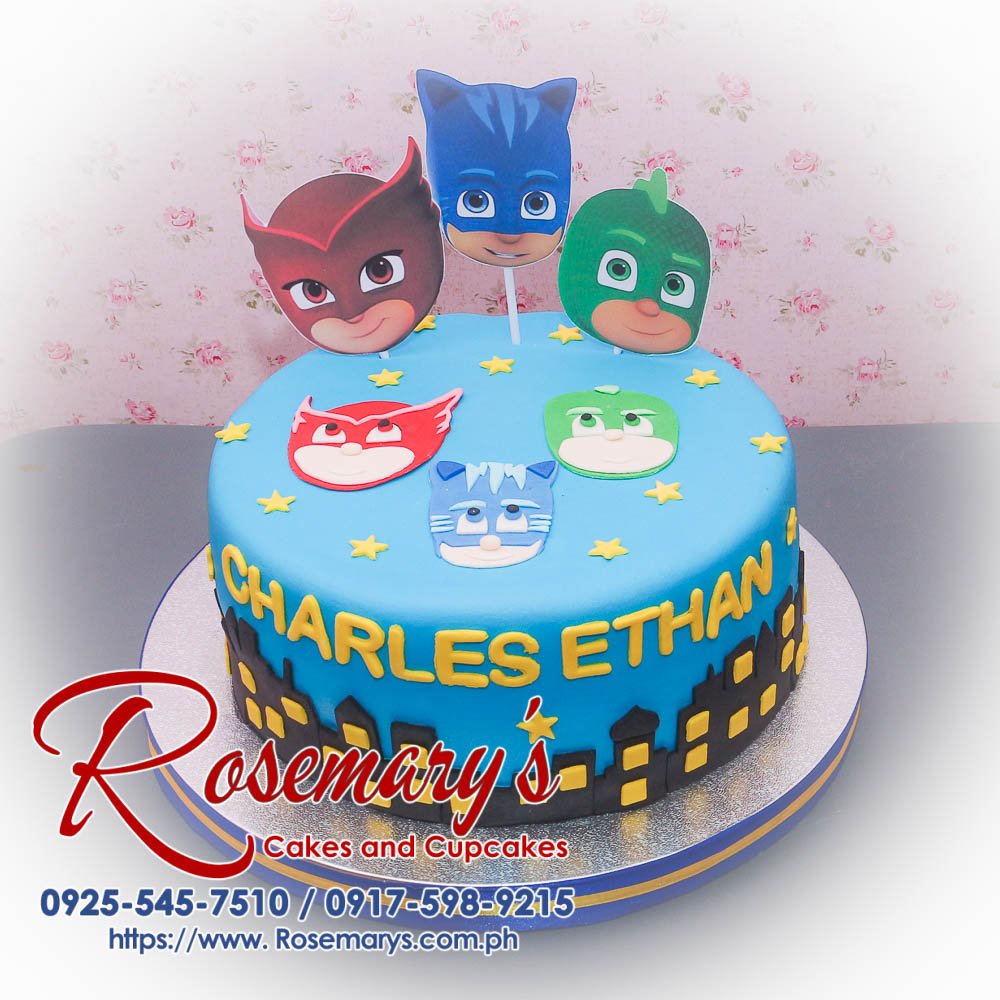 1 layer PJ Masks themed cake with vibrant colors and intricate designs, crafted by Rosemary's Cakes. Contact: 0917-598-9215.