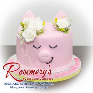 Delicious pink 1 layer pig themed cake by Rosemary's Cakes, perfect for any celebration. Contact 0917-598-9215.