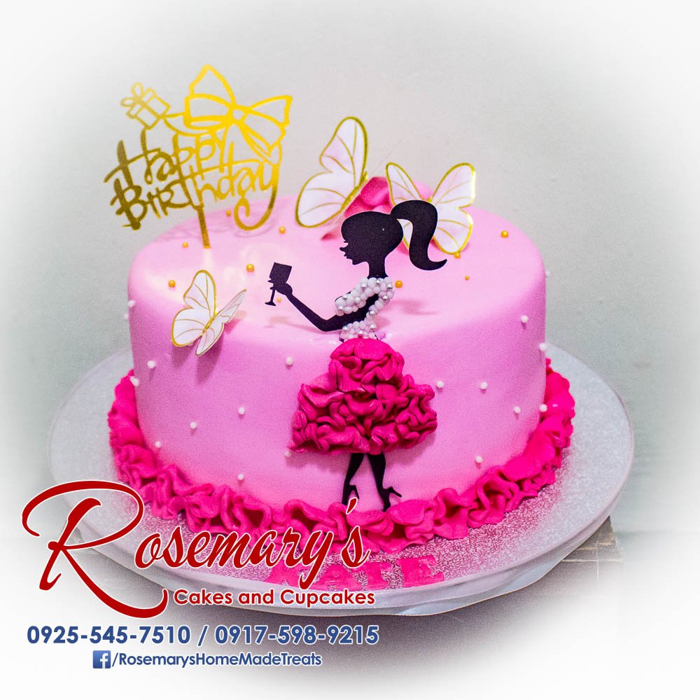 Delicious 1 Layer Pink Lady Silhouette Cake adorned with butterflies, perfect for a birthday celebration. From Rosemary's Cakes, 0925-545-7510.