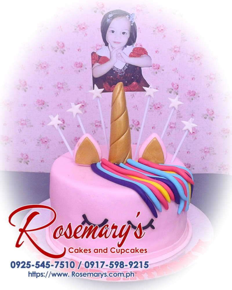 Delicious 1 layer pink unicorn themed cake from Rosemary's Cakes, perfect for celebrations! Contact 0925-545-7510.
