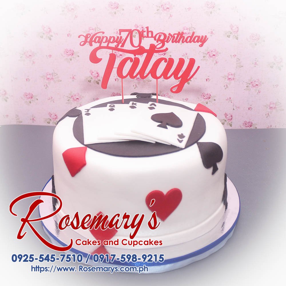 1 Layer Playing Cards Themed Cake with Custom 3D Printed Topper 1 layer playing cards themed cake in black and red, topped with a custom 3D printed topper from Rosemary's Cakes. Call 0925-545-7510.