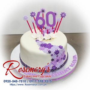 One-layer purple cake adorned with delicate purple flowers, perfect for a birthday celebration. Order your custom cake from Rosemary's Cakes! 0917-598-9215