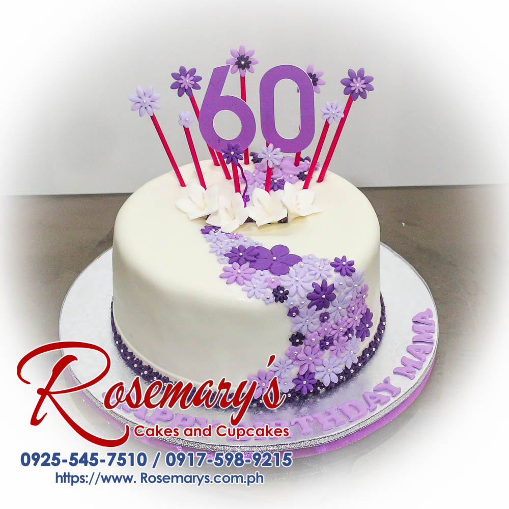 One-layer purple cake adorned with delicate purple flowers, perfect for a birthday celebration. Order your custom cake from Rosemary's Cakes! 0917-598-9215