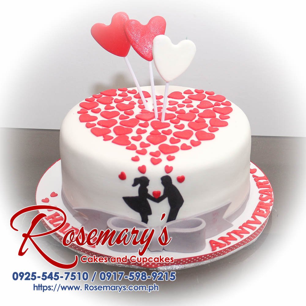 1 Layer Red and White Anniversary Cake 1 layer red and white anniversary cake with heart decorations, perfect for celebrations. Order from Rosemary's Cakes, 0917-598-9215.