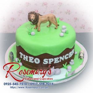 Delicious 1 layer safari themed cake by Rosemary's Cakes, featuring animal decorations and earthy brown and green colors. Contact: 0917-598-9215.