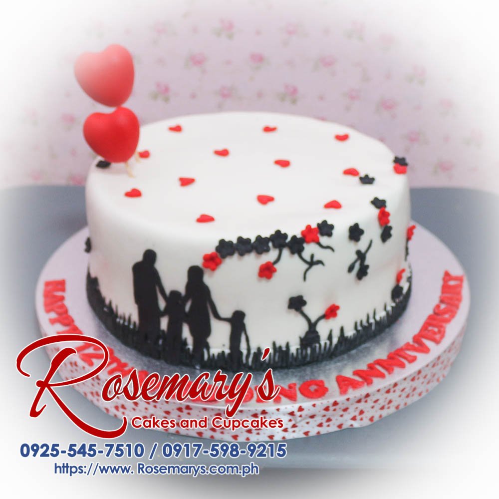 Delicious 1 layer silhouette cake in black and red with silver accents, perfect for anniversaries. Rosemary's Cakes, 0925-545-7510.