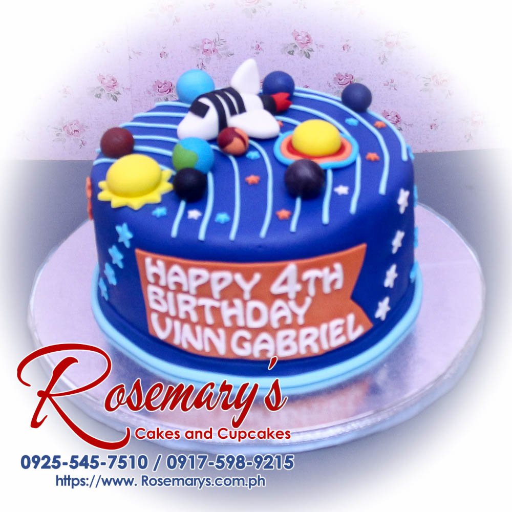 Delectable 1 layer solar system themed cake by Rosemary's Cakes, featuring vibrant planets and stars. Contact: 0925-545-7510.