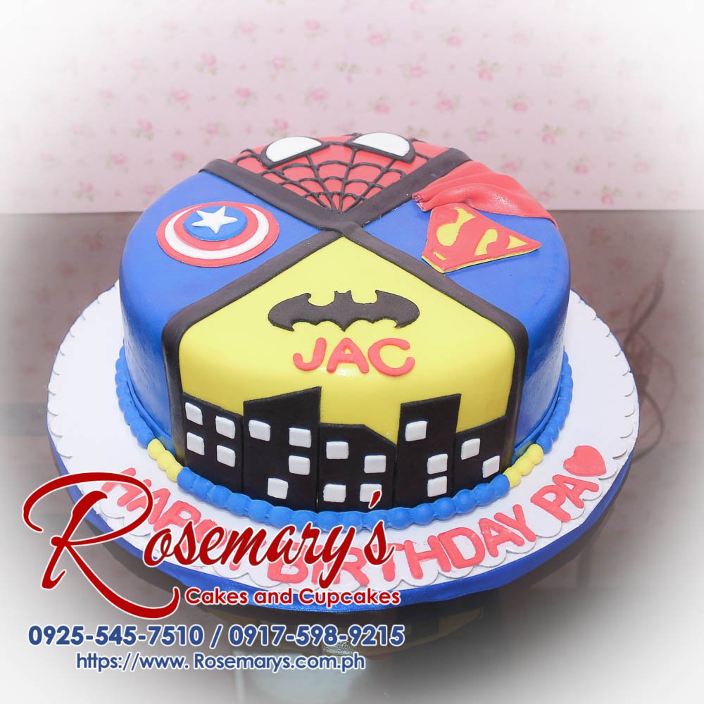 1 Layer Spiderman Batman Superman and Captain America Theemd Cake Delicious 1 layer superhero-themed cake featuring Spiderman, Batman, Superman, and Captain America in vibrant blue, red, and yellow. Rosemary's Cakes, call 0925-545-7510.
