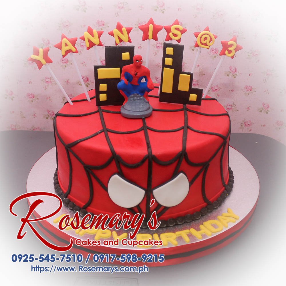 1 Layer Spiderman Cake for Yannis Delicious 1 layer Spiderman-themed cake in vibrant red, crafted by Rosemary's Cakes. Contact: 0925-545-7510.