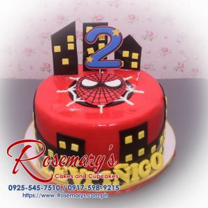 1 layer Spiderman themed cake in vibrant red, perfect for celebrations. Order from Rosemary's Cakes at 0925-545-7510.