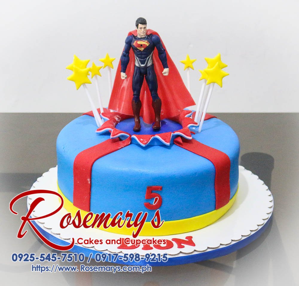 Delectable one-layer Superman cake with vibrant blue frosting and iconic Superman emblem. Perfect for birthdays! Order yours from Rosemary's Cakes (0917-598-9215).