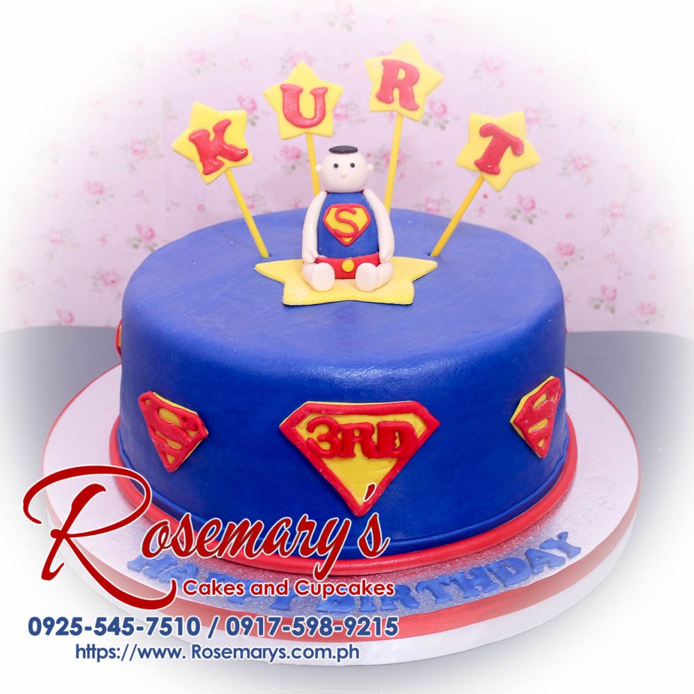 Delicious blue and red 1 layer Superman themed cake by Rosemary's Cakes. Perfect for superhero celebrations! Contact: 0925-545-7510.