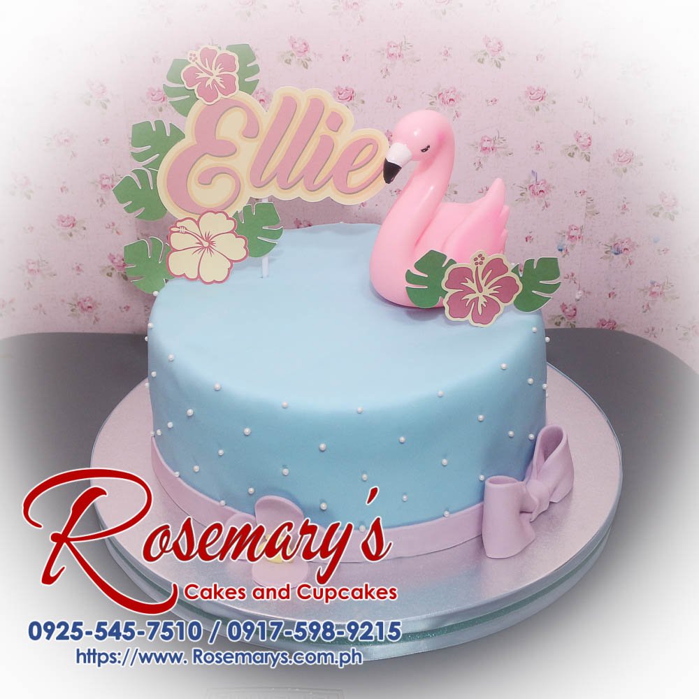 Beautiful 1 layer swan themed cake in blue and pink, adorned with a ribbon. Order from Rosemary's Cakes: 0925-545-7510.