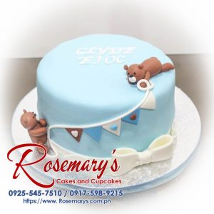 Delicious 1-layer blue teddy bear themed cake. Perfect for birthdays! By Rosemary's Cakes, call 0925-545-7510.
