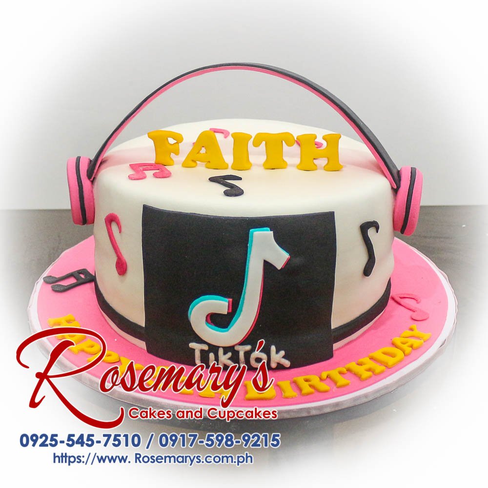 Delicious pink, one-layer TikTok themed cake with intricate frosting details. Order yours from Rosemary's Cakes: 0925-545-7510.