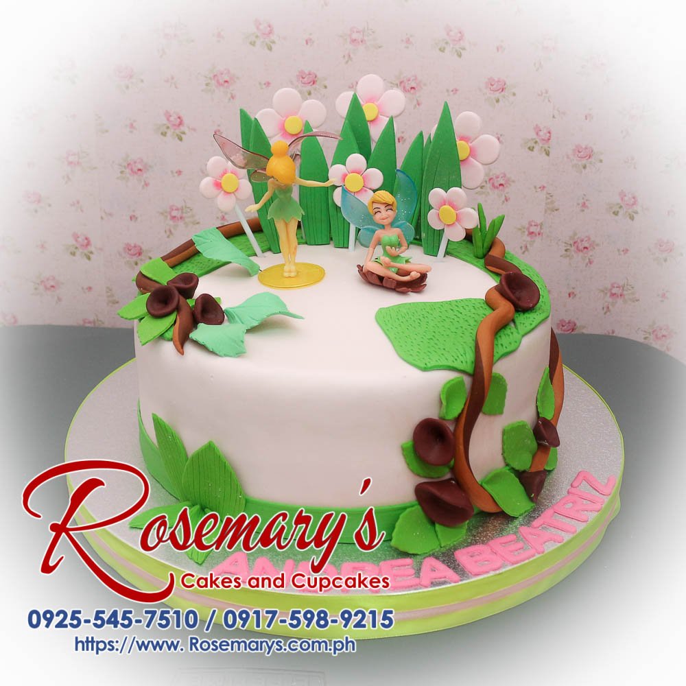 Delicious 1 layer Tinkerbell themed cake in vibrant green by Rosemary's Cakes. Contact 0925-545-7510 for orders.
