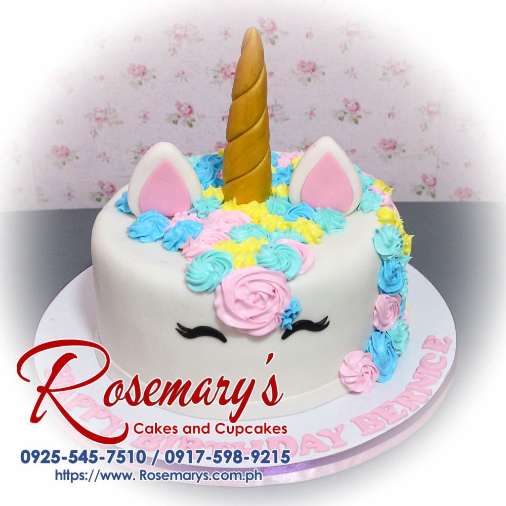 1 Layer Unicorn Cake for Bernice Delicious 1 layer unicorn cake with pastel colors and whimsical decorations, crafted by Rosemary's Cakes. Contact: 0917-598-9215.