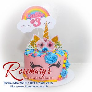 Delicious 1-layer pink unicorn cake with edible horn and details. Order your custom cake from Rosemary's Cakes, 0917-598-9215.
