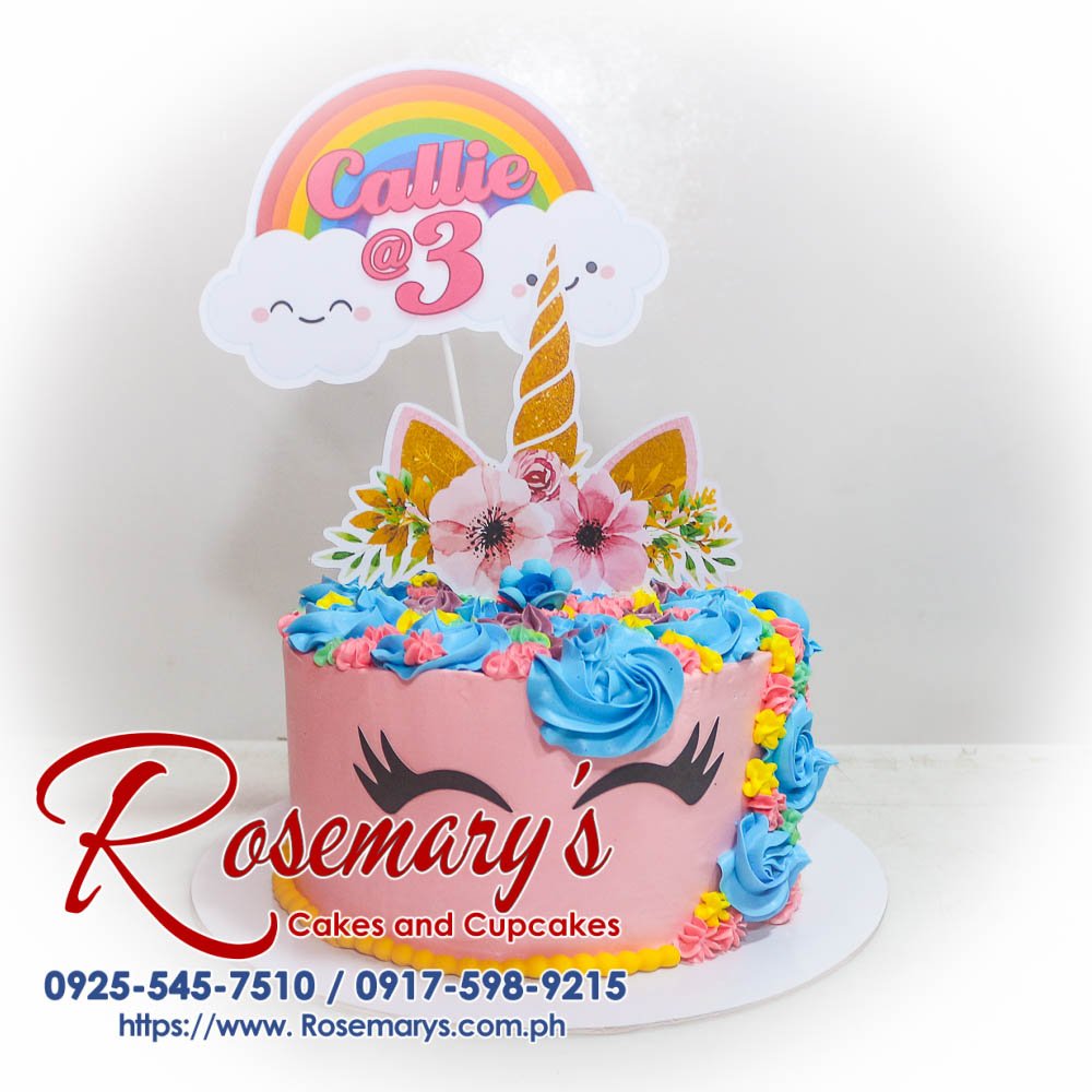 Delicious 1-layer pink unicorn cake with edible horn and details. Order your custom cake from Rosemary's Cakes, 0917-598-9215.
