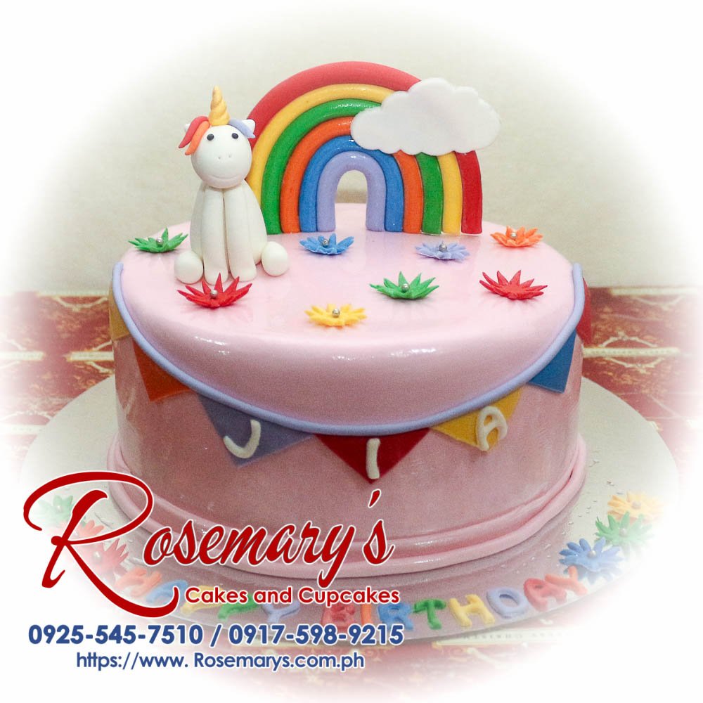 1 Layer Unicorn Themed Cake for Jia 1 layer unicorn themed cake by Rosemary's Cakes, featuring pink gradient and vibrant rainbow accents. Contact: 0925-545-7510.