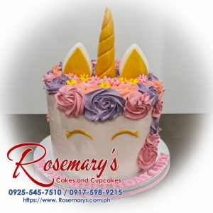 Delectable pink and gold unicorn-themed icing cake with intricate details. Order yours from Rosemary's Cakes! Call 0925-545-7510.