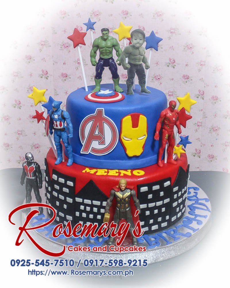 Delicious 2 layer Avengers cake with blue frosting, Captain America, Hulk, and Ironman designs. Order from Rosemary's Cakes at 0917-598-9215.