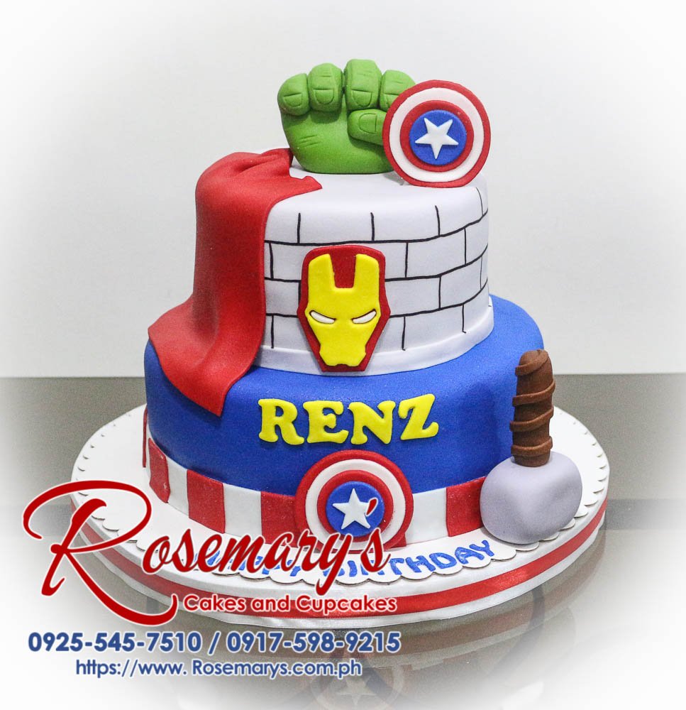 Delicious 2-layer Avengers cake with blue and gray frosting. Features Captain America, Hulk, and Thor designs. Order your custom cake from Rosemary's Cakes: 0925-545-7510.