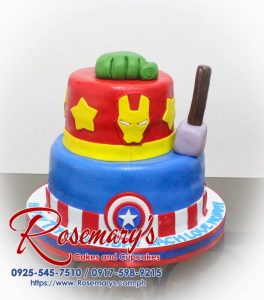 Delicious 2-layer Avengers cake featuring Captain America, Hulk, Iron Man and Thor. Order your custom cakes from Rosemary's Cakes: 0925-545-7510