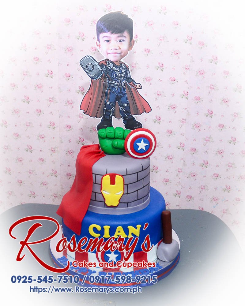 2-layer Avengers themed cake featuring Captain America, Hulk, Iron Man, and Thor. Delicious creation by Rosemary's Cakes. Call 0925-545-7510.
