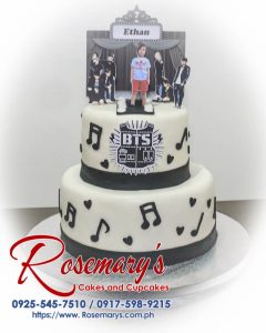 Delicious 2-layer cake with black and white BTS theming. Perfect for Kpop fans! Order yours from Rosemary's Cakes: 0925-545-7510.