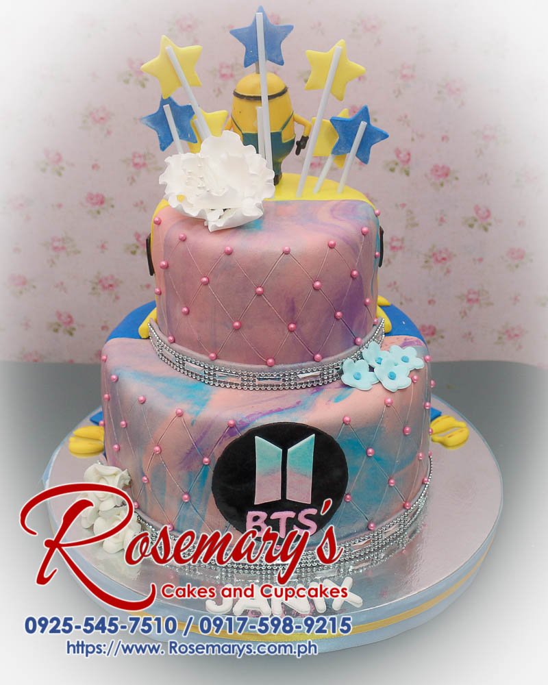 2 layer BTS and Minions split cake, vibrant design, delicious flavors. Order from Rosemary's Cakes: 0925-545-7510.
