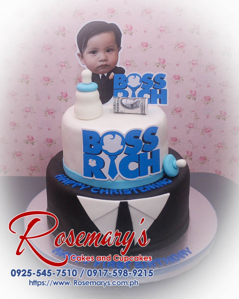 2 Layer Baby Boss Cake for Boss Rich Delicious 2 layer Baby Boss cake in black and blue, perfect for themed celebrations. Order from Rosemary's Cakes: 0925-545-7510.
