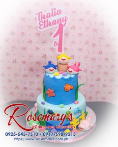 Delicious 2-layer Baby Shark themed cake in blue, featuring a charming shark family. Order from Rosemary's Cakes: 0917-598-9215.