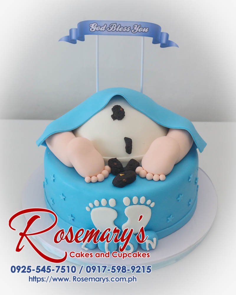 2 Layer Baby Themed Cake for Zion’s Christening Two-tier baby-themed cake adorned with delicate fondant accents, perfect for a christening celebration. Order your custom cake from Rosemary's Cakes: 0925-545-7510.