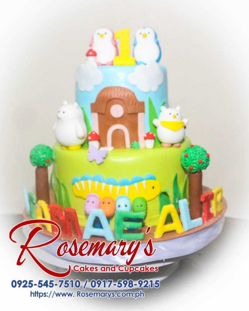Delicious 2-layer Badanamu themed cake featuring cute animal designs. Order from Rosemary's Cakes at 0925-545-7510.