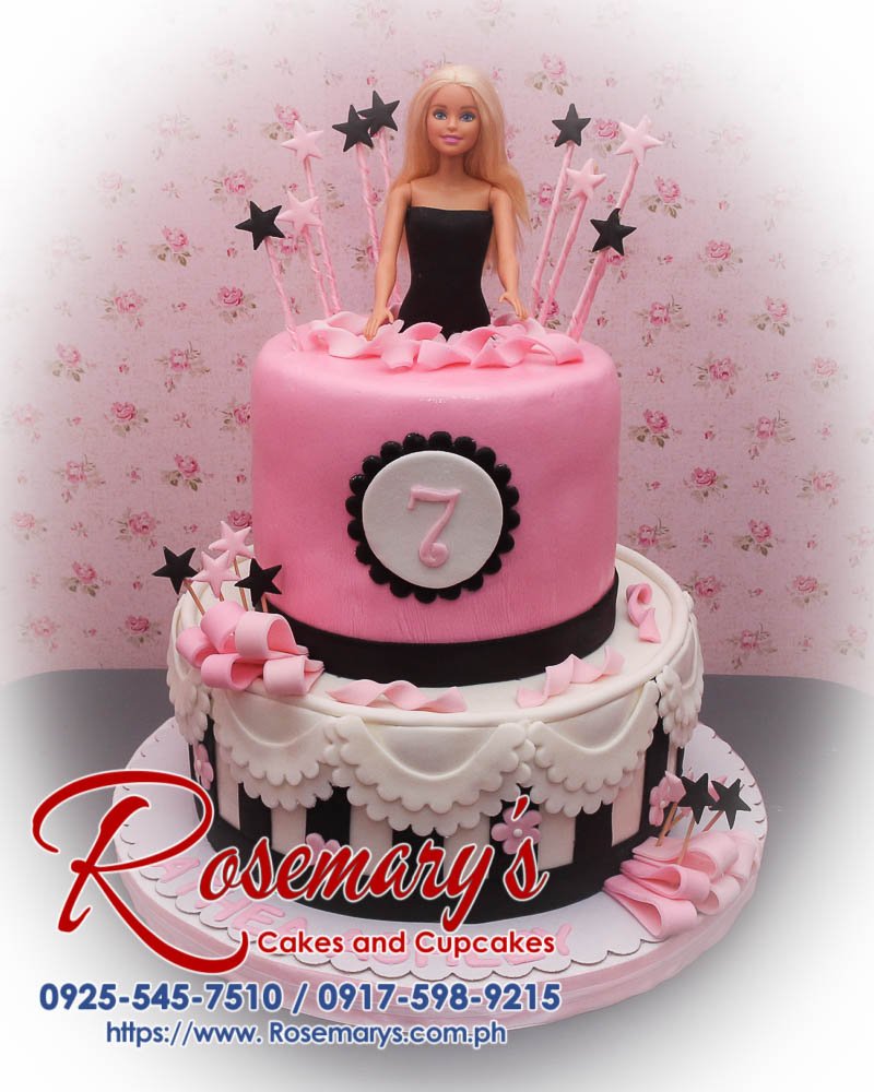 2 Layer Barbie CAke for Athea Ashley Delicious 2 layer Barbie cake by Rosemary's Cakes, adorned with pink frosting and twinkling stars. Contact: 0925-545-7510.
