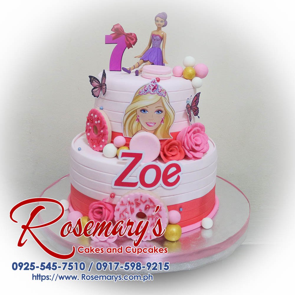 2 Layer Barbie Themed Cake for Zoe Delicious 2 layer Barbie themed cake in pink with intricate decorations. Crafted by Rosemary's Cakes. Contact: 0925-545-7510.