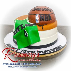 Delicious 2-layer basketball themed cake featuring vibrant NBA designs. Order from Rosemary's Cakes: 0925-545-7510.