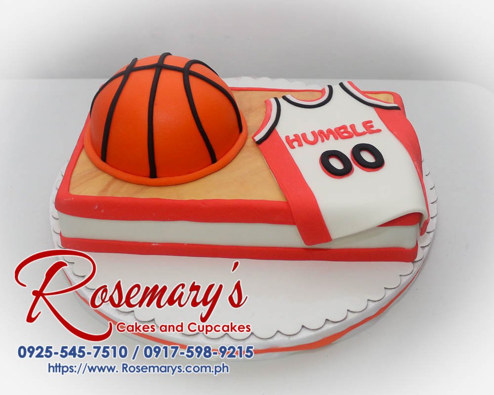 Two-layer chocolate basketball cake decorated with orange frosting, black basketball lines and a fondant jersey. Order yours from Rosemary's Cakes! Call 0925-545-7510.