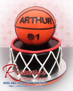 Delicious 2 layer basketball cake with black and orange theme, perfect for celebrations. Order from Rosemary's Cakes at 0917-598-9215.
