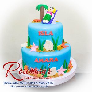 Delicious two-layer beach themed cake with fondant seashells and starfish. Made by Rosemary's Cakes. Call 0925-545-7510 for custom orders!
