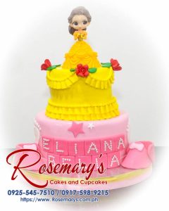 Delicious 2 layer Beauty and the Beast themed cake with gold and pink accents. Order from Rosemary's Cakes: 0925-545-7510.