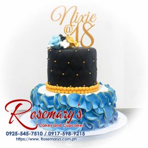 2 layer black, blue, and gold themed cake with 3D printed details, perfect for any celebration. Order at Rosemary's Cakes: 0917-598-9215.