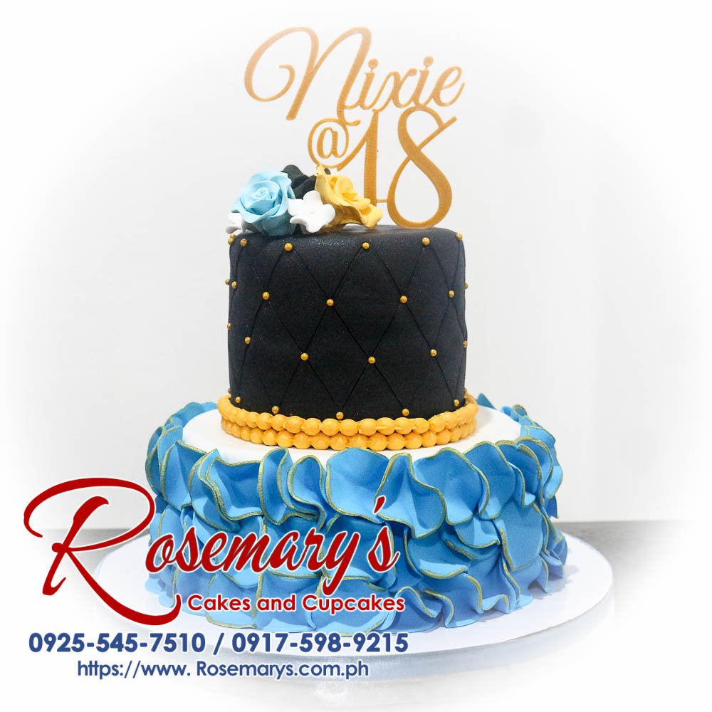 2 layer black, blue, and gold themed cake with 3D printed details, perfect for any celebration. Order at Rosemary's Cakes: 0917-598-9215.